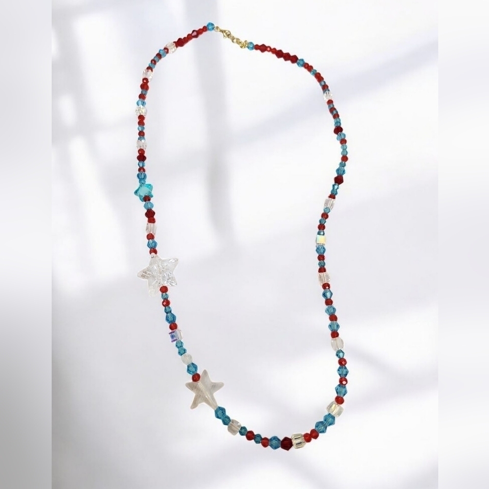 Memorial Day Red White Blue Bicone Cube Beaded Necklace Clear Star Accents